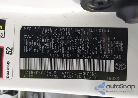 2020 Toyota Camry Se Hybrid from USA, damaged, VIN 4T1G31AK6LU013338